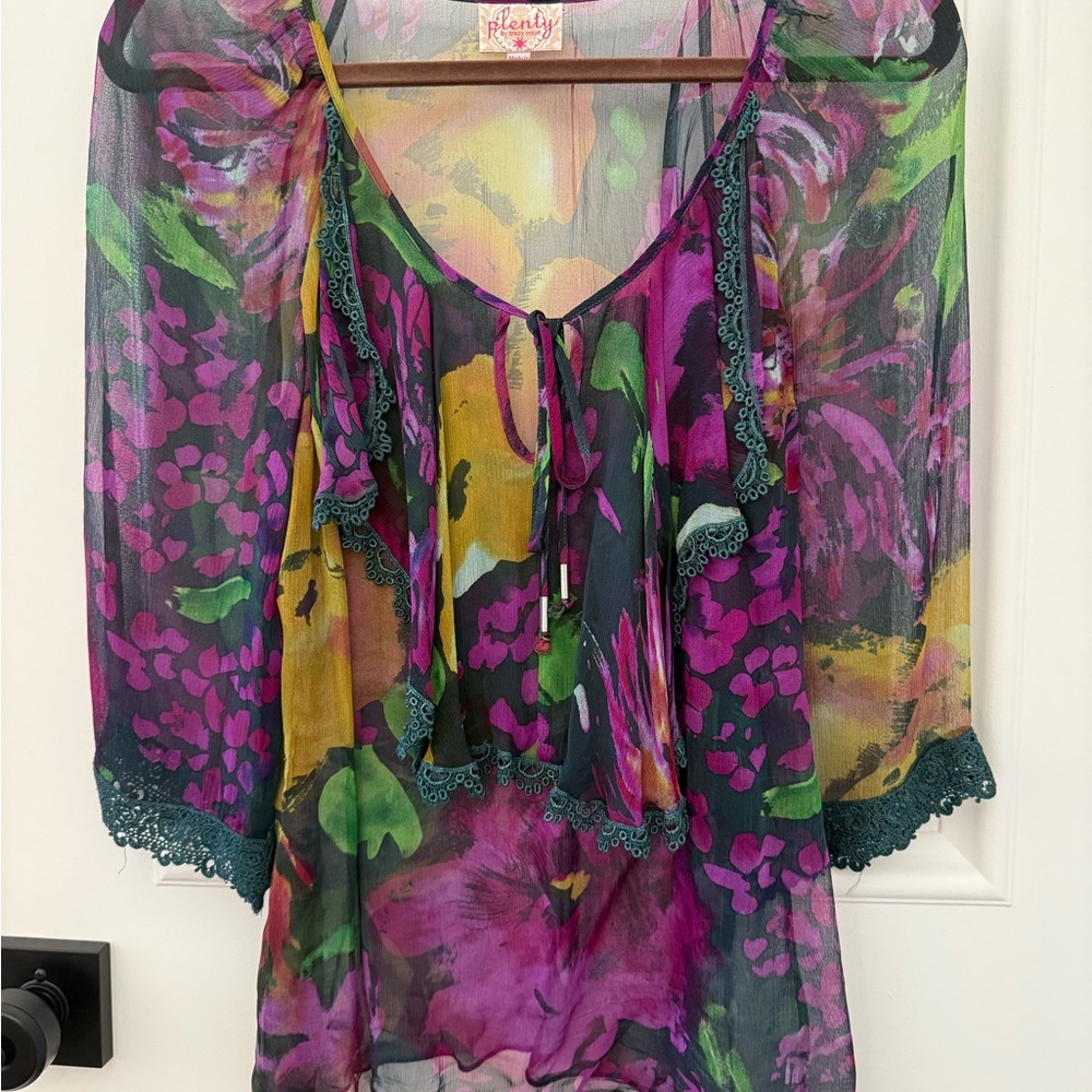 Plenty by Tracy Reese sheer floral Embroidered laces trim blouse Petite XS